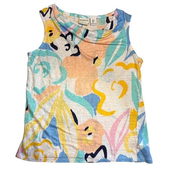 Rachel Zoe 100% Linen Cowl Neck Sleeves Top Tank Size L Abstract Pastel Floral - Picture 1 of 5
